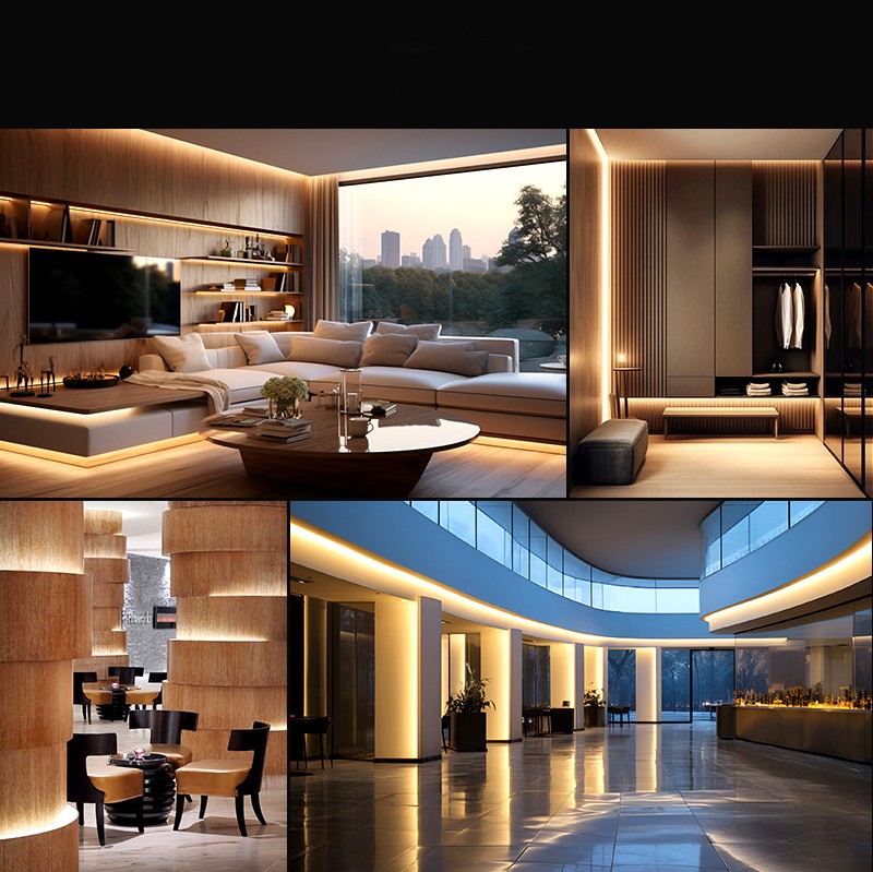 Modern indoor spaces illuminated with warm white COB LED strip lights, showcasing ambient lighting in a living room, wardrobe, restaurant, and commercial lobby.