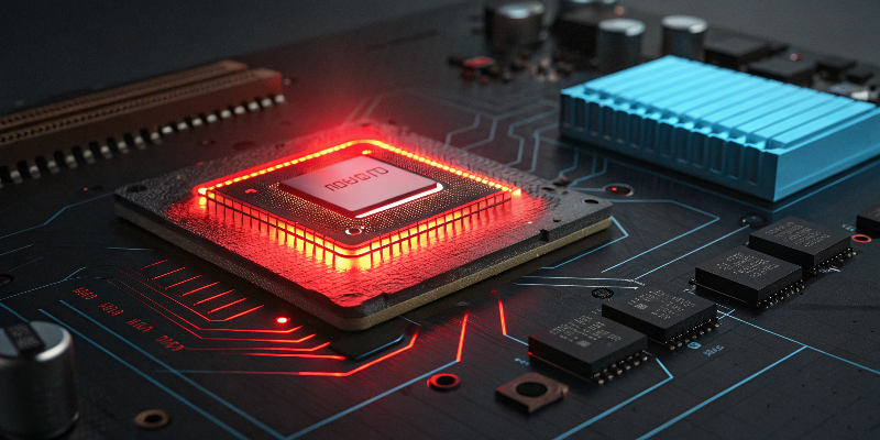 glowing red cpu chip on motherboard