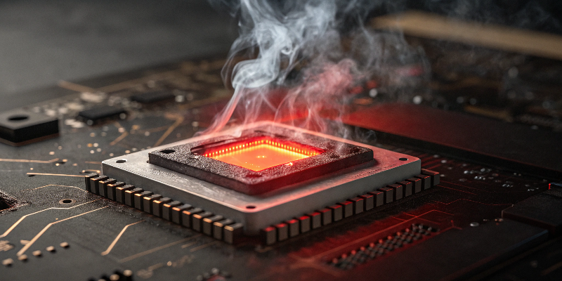 overheated computer chip with smoke