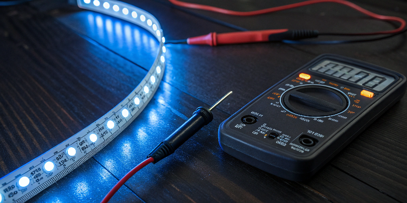 LED Strip Testing Testing LED strip light with multimeter tool
