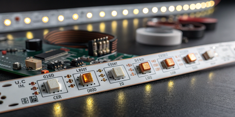 Close-up of LED strip with circuit board and components