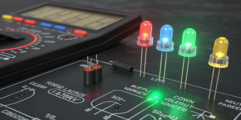 Multimeter and colored LEDs on circuit board