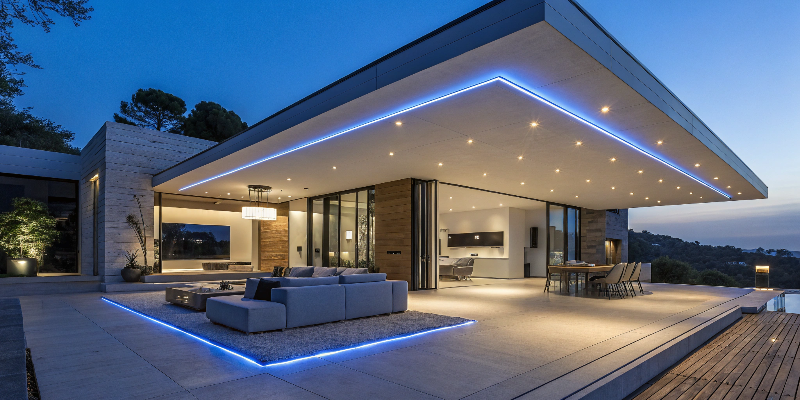 Modern villa with blue LED strip lights