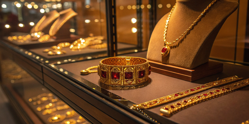 elegant jewelry showcase luxury gold jewelry on display