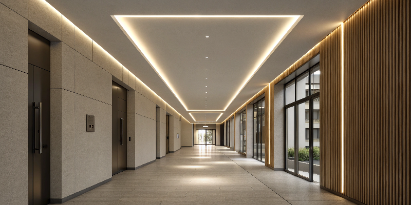 led strip lights in office hallway, recessed ceiling lighting design