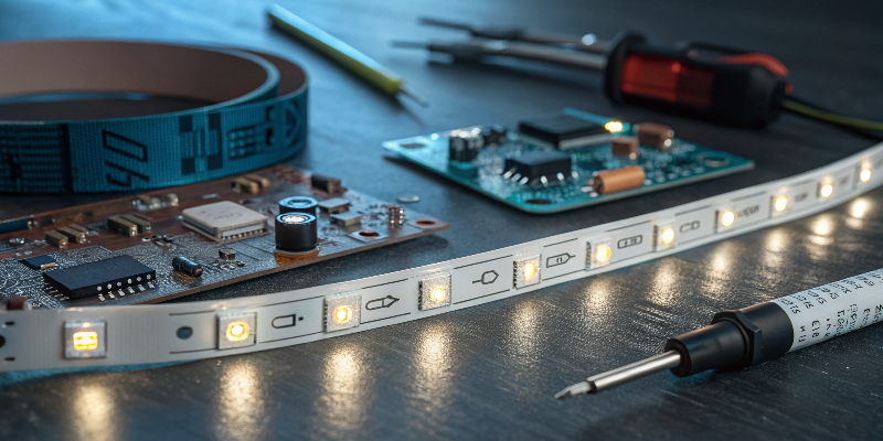 LED strip light with circuit boards on workbench