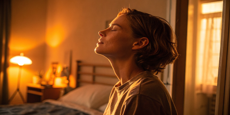 warm indoor lighting woman enjoying warm sunset light indoors