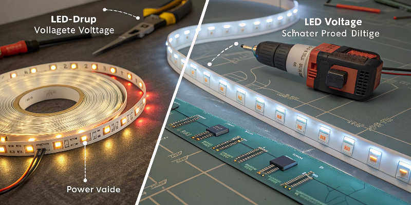 LED strip lights with tools and voltage labels