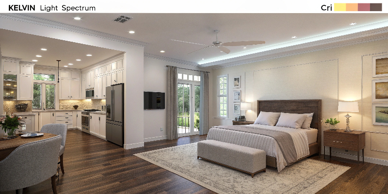 modern bedroom with various kelvin lighting