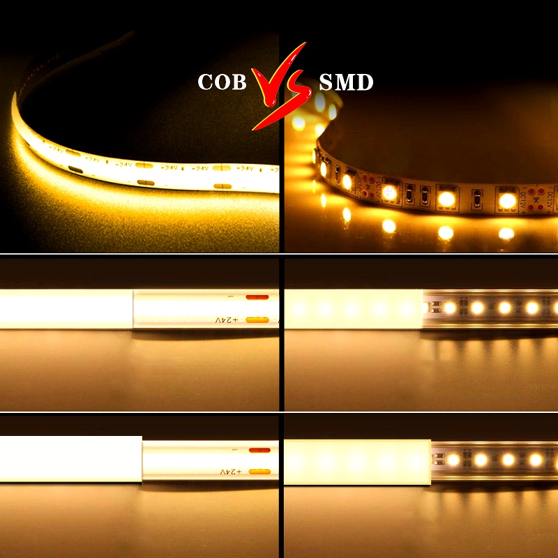 Visual comparison of COB and SMD LED strip lights showing smooth uniform glow of COB versus visible LED dots on SMD strip, highlighting brightness and lighting consistency differences
