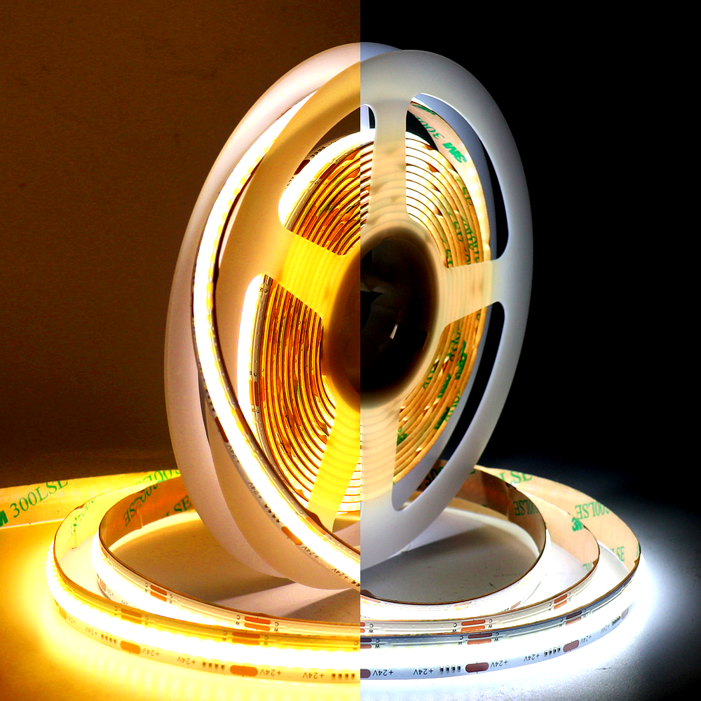 COB LED strip light roll showing warm white on the left and cool white on the right side, demonstrating adjustable dual color temperature capability for flexible lighting applications