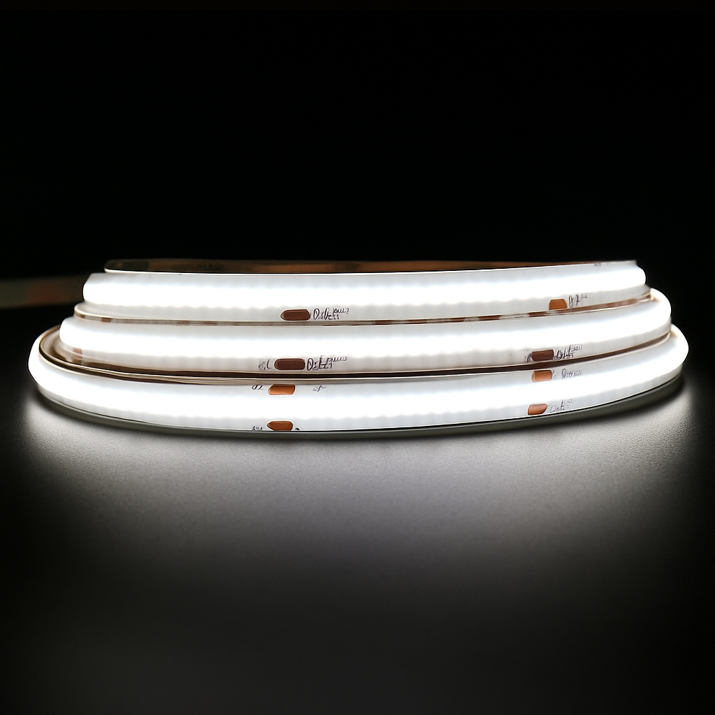 A close-up digital image of a coiled 24V COB LED strip light emitting warm white light on a dark surface, ideal for under-cabinet or decorative lighting applications.
