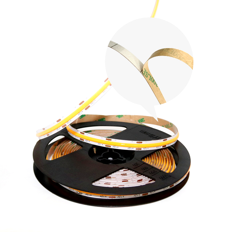 Close-up of COB LED strip light roll showing strong 3M adhesive backing for secure and flexible mounting