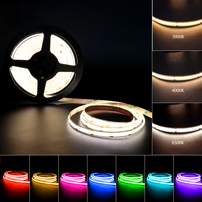 LED strip lights showing 3000K, 4000K, 6500K color temperatures and various RGB lighting effects including red, green, blue, purple, and cyan modes