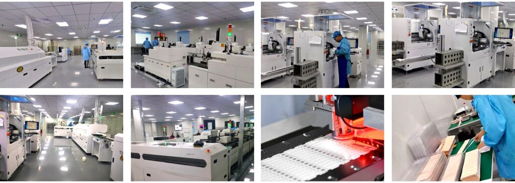 Modern LED strip light manufacturing workshop with SMT machines, soldering equipment, automated testing, and workers in cleanroom uniforms operating production lines
