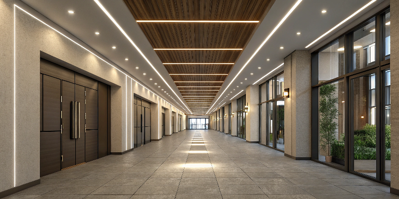 indoor hallway with led strip lights, architectural lighting design