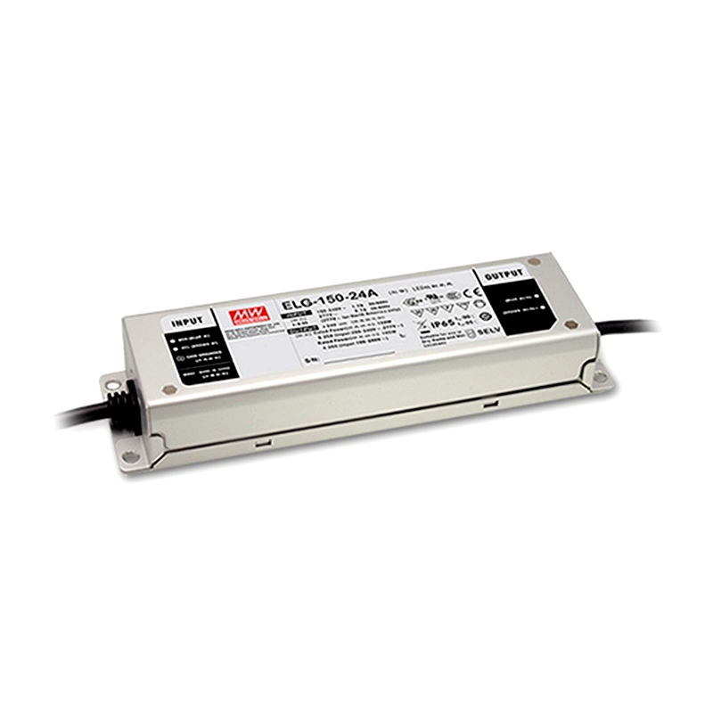 Mean Well ELG-150-24A constant voltage LED driver with waterproof aluminum case and input/output cables, ideal for 24V LED lighting systems
