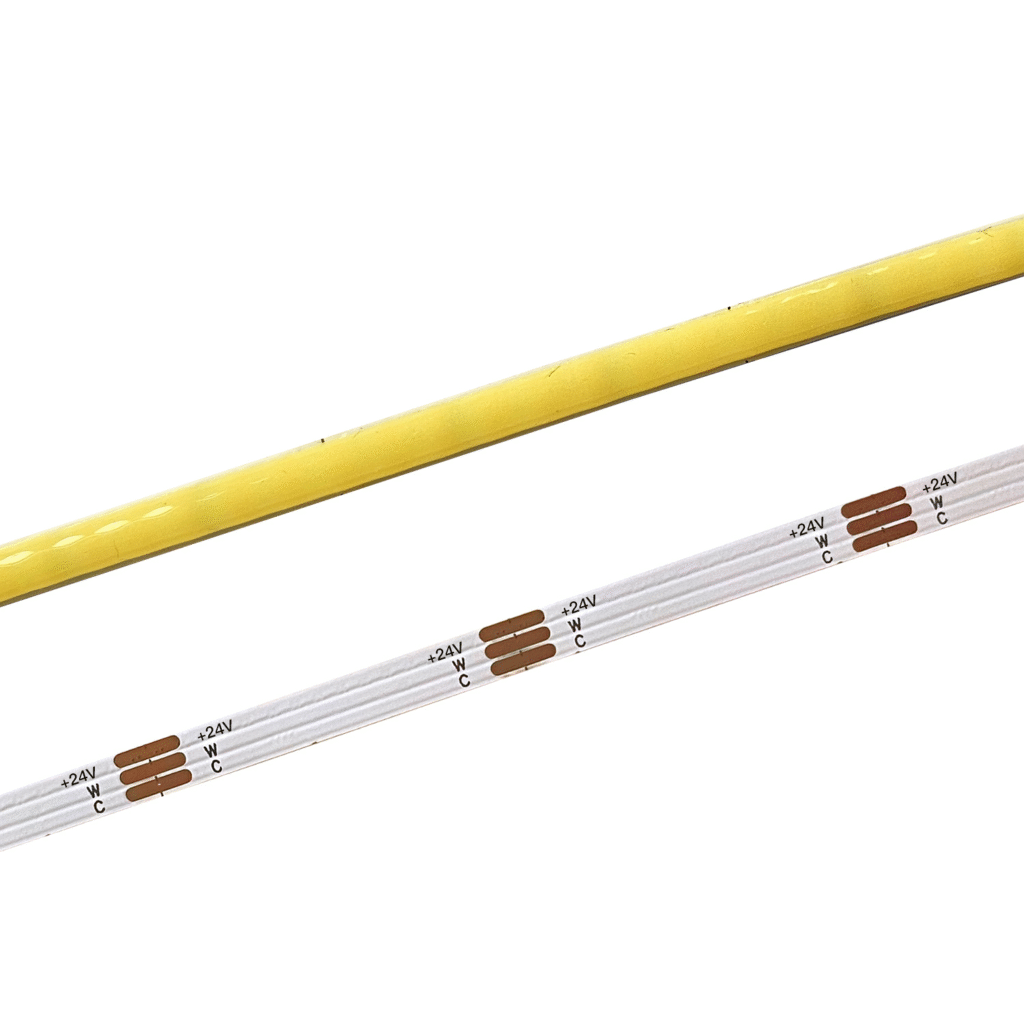 Comparison of COB LED strip and traditional LED strip showing differences in design and structure