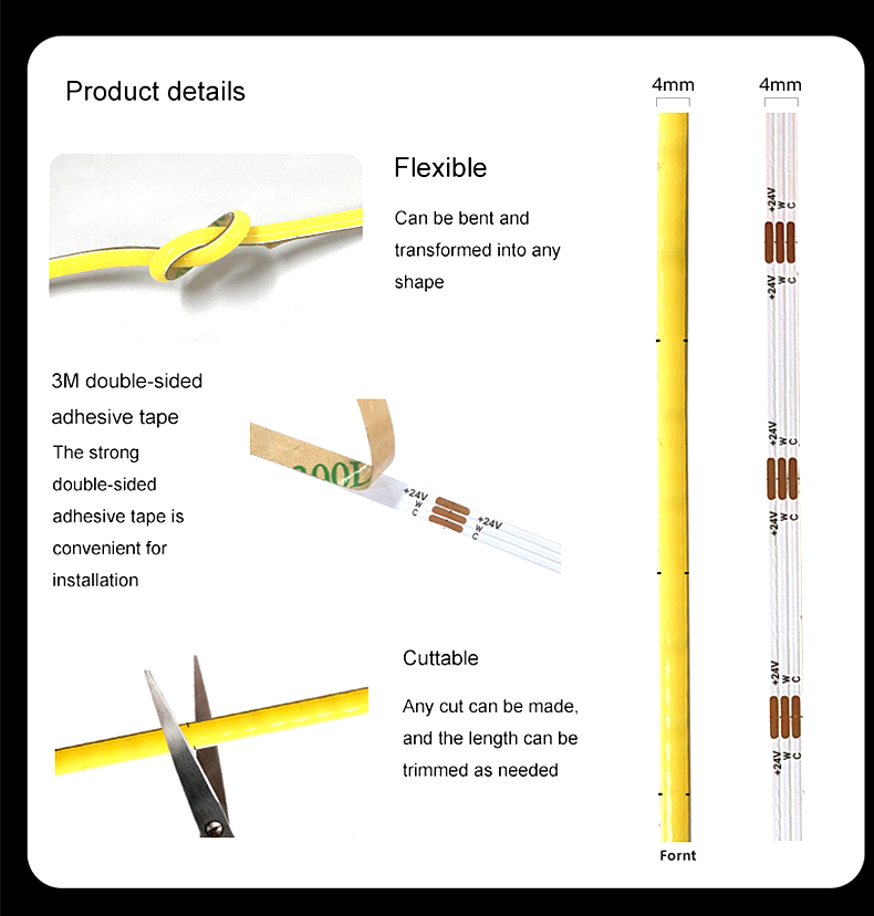Illustrated product details of a 4mm COB LED strip light showing flexibility, adhesive backing, and cuttable design for easy installation