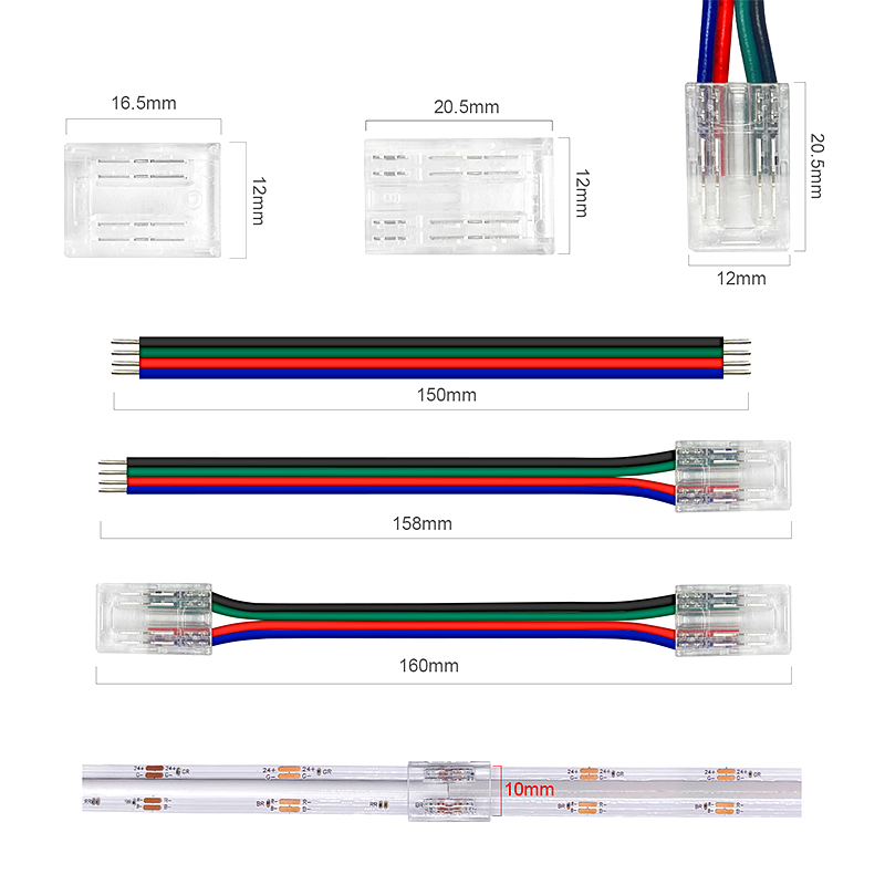 Product image of 10mm RGB LED strip light connectors with wires and clear dimensions labeled for 4-pin connection, showing length and connector size