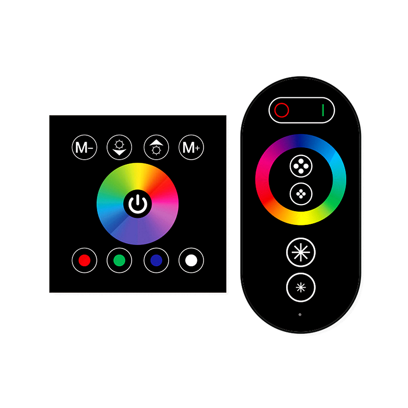 Touch-sensitive RGB LED strip light controllers including a wall-mounted panel and a handheld remote with color ring and brightness controls