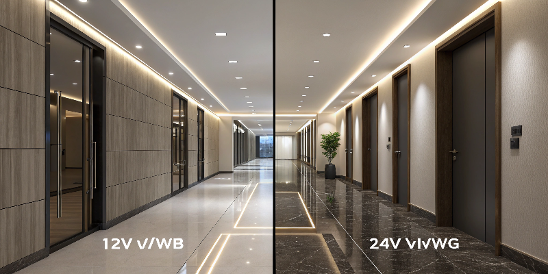 led strip lights in hotel hallway, modern ceiling lighting contrast