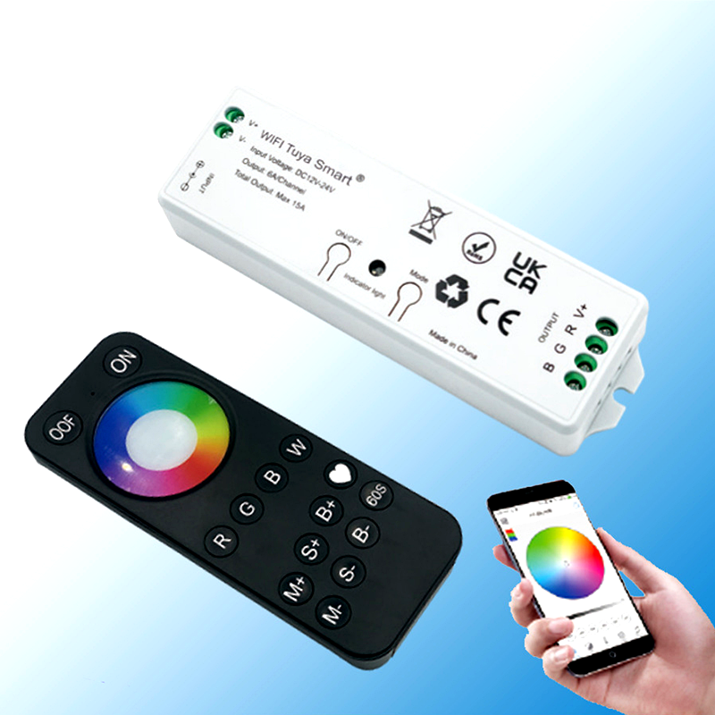 Tuya WiFi-enabled RGB LED strip light controller kit with handheld remote and smartphone app for smart color and brightness adjustment