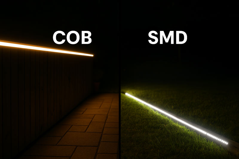 Brightness Comparison COB vs SMD LED strip brightness in outdoor setting