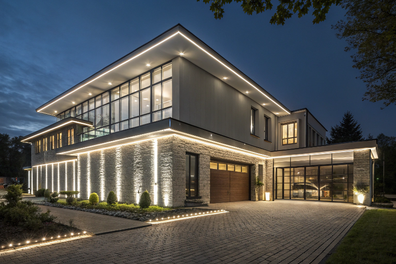 Architectural Building Lit with Outdoor LED Strip Lights