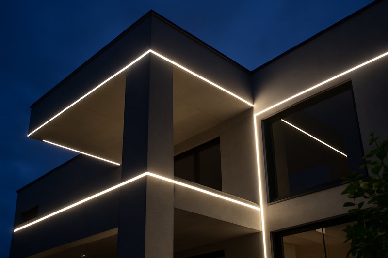 Architectural Demands LED strips highlighting edges of a modern structure