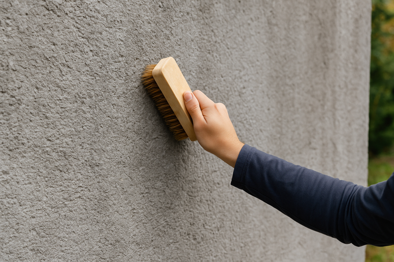 Person Cleaning an Outdoor Concrete Wall with a Brush Before Installing LED Lights