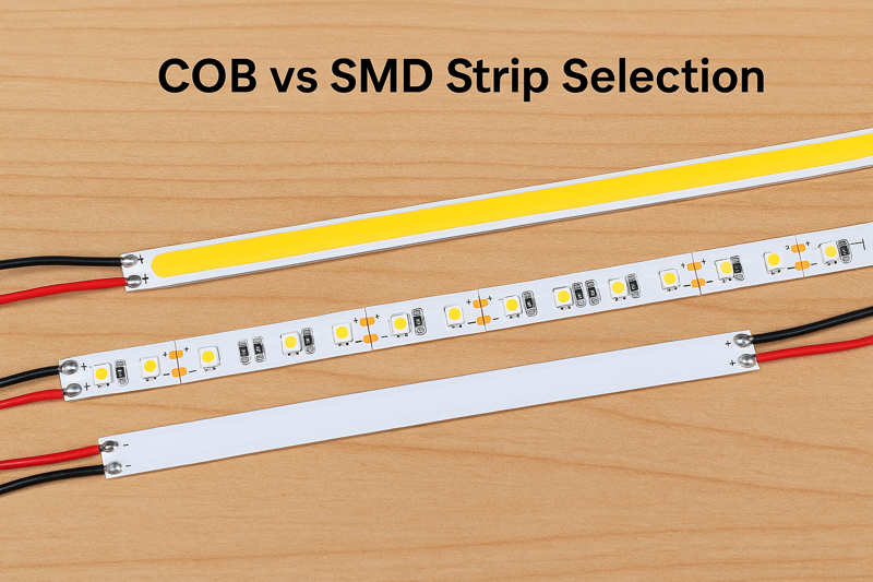 COB and SMD LED strip types laid out on table