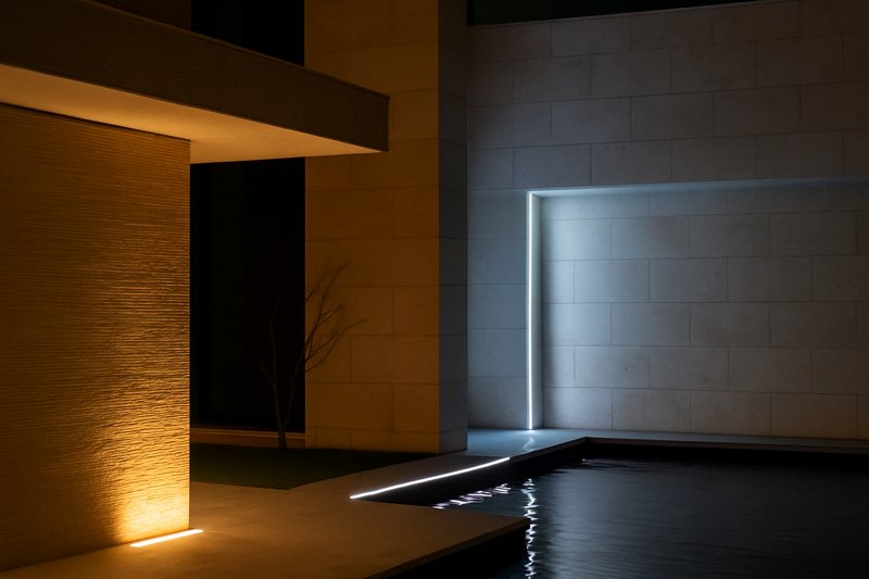 Color Temperature Variations Warm and cool LED strips highlighting building features