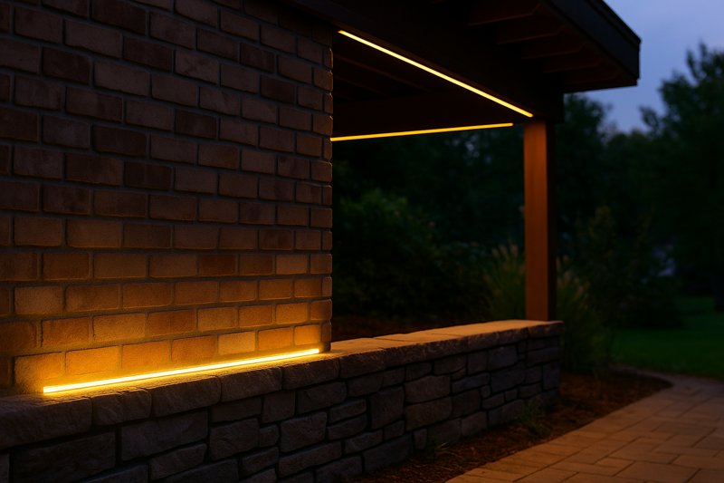 Outdoor LED strip lights illuminating garden wall