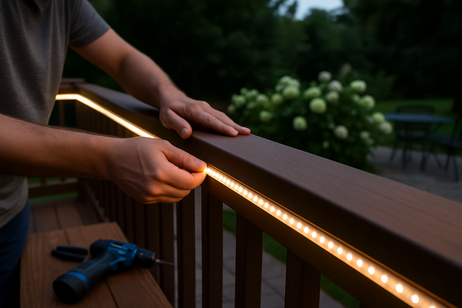 Installing LED strips along an outdoor deck railing