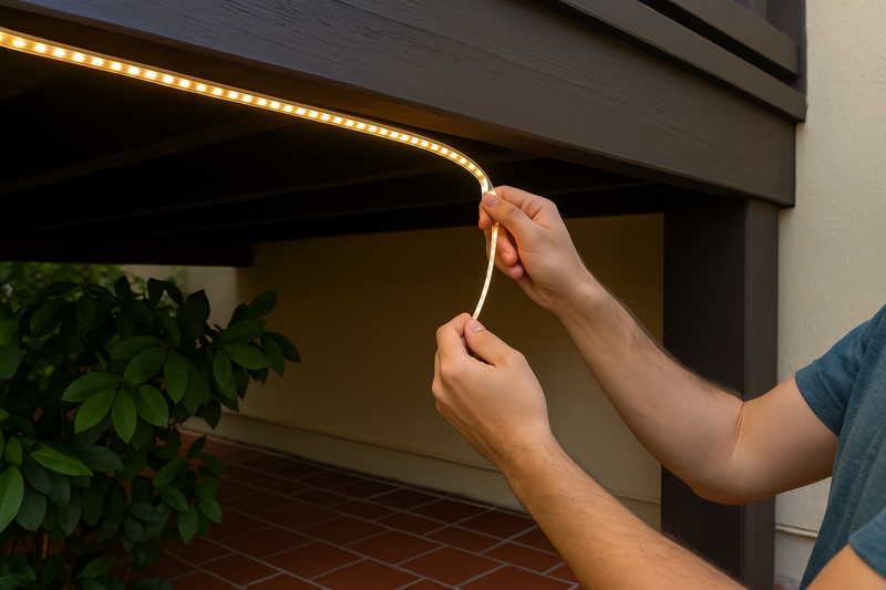 Homeowner placing LED strip under balcony with no tools