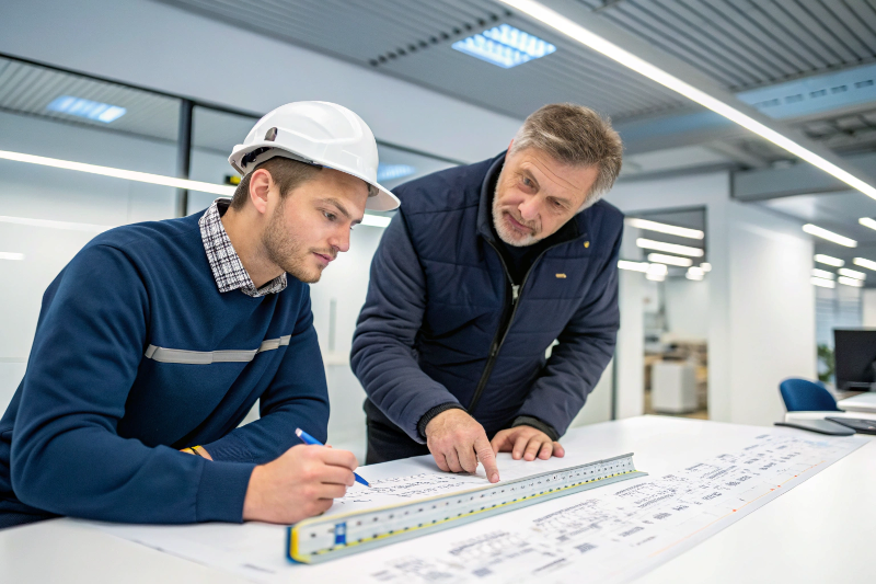 Engineer Discussing Custom LED Strip Design on Blueprint