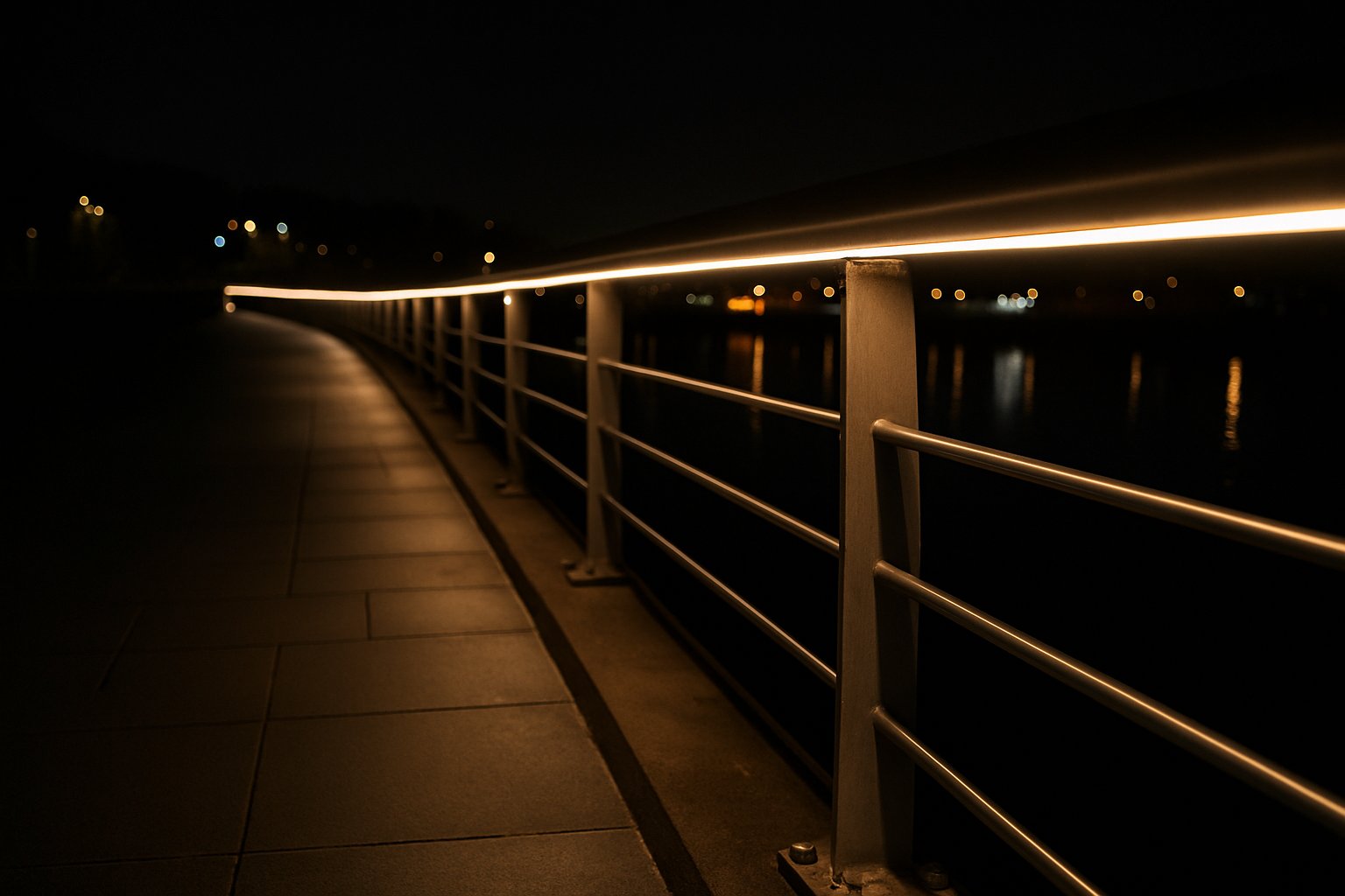 Long run LED strip illuminating bridge handrail