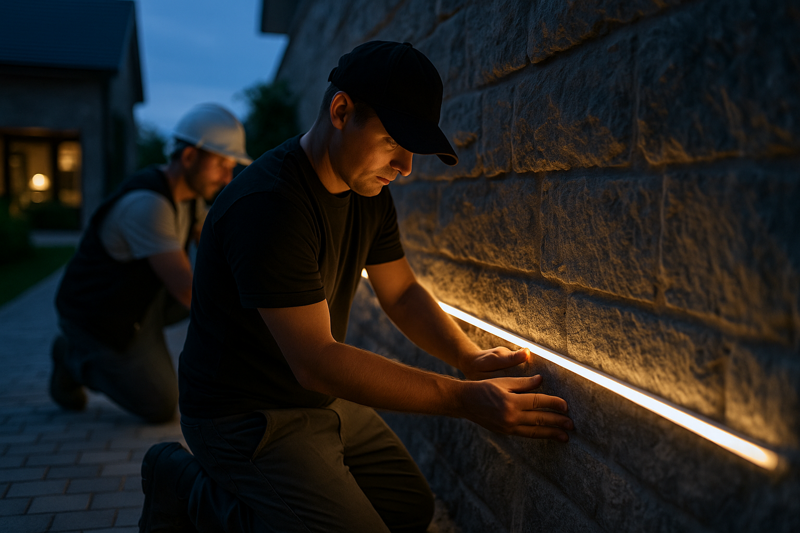 Installers applying IP67 strips to stone wall