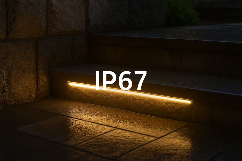 IP67 LED strip lighting on wet outdoor steps