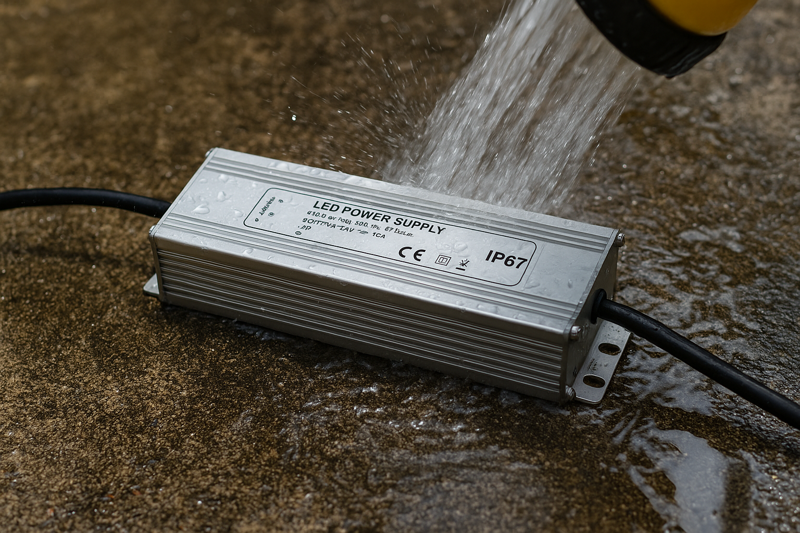 Water Spraying onto an IP67 Rated Power Supply, Demonstrating its Water Resistance
