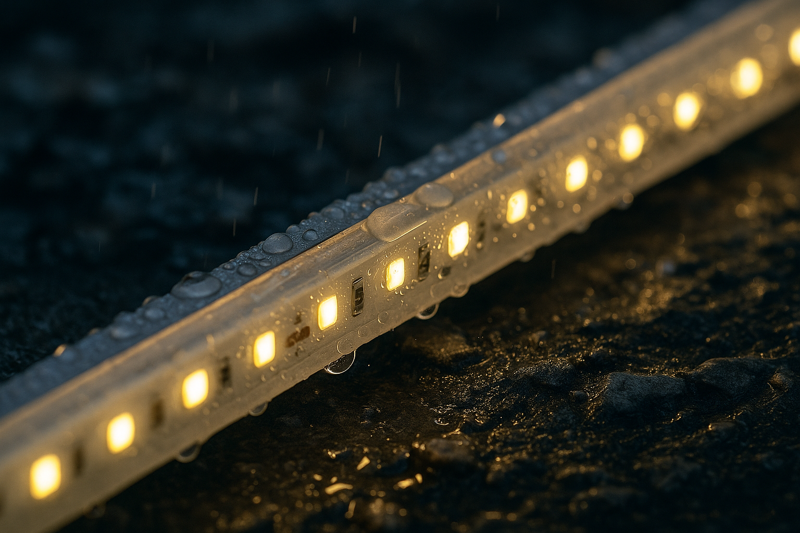 Close-up of a Durable, IP67 Rated Outdoor LED Strip Light enduring harsh conditions