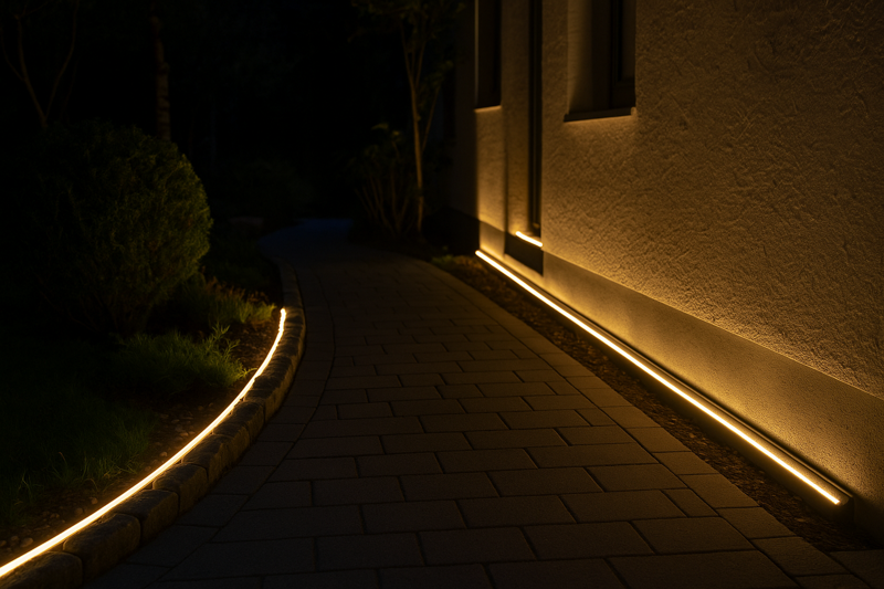 Outdoor LED Strip Lights with IP67 Rating Illuminating a Garden Pathway and Building Facade