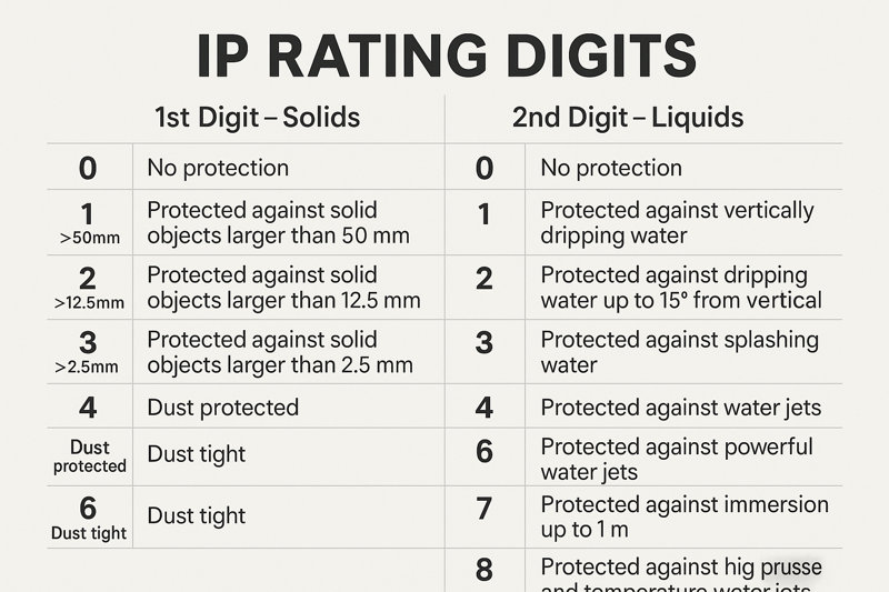 Chart Explaining IP Rating Digits - Solids and Liquids