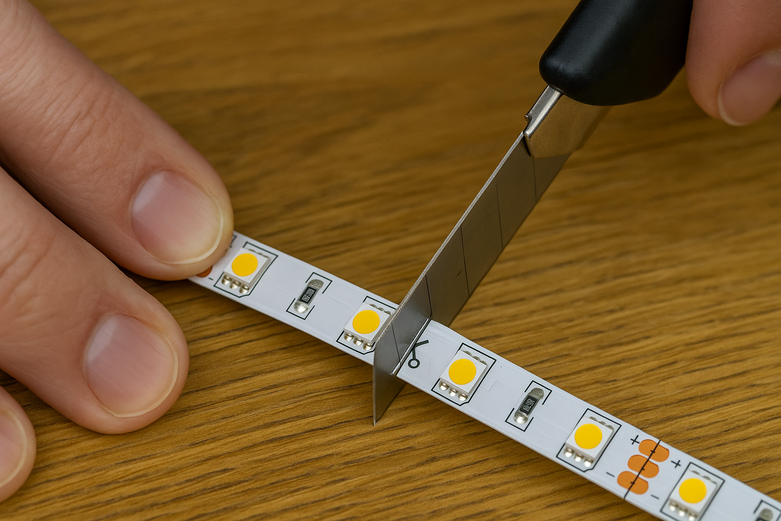 Close-up of LED strip being cut on a marked line