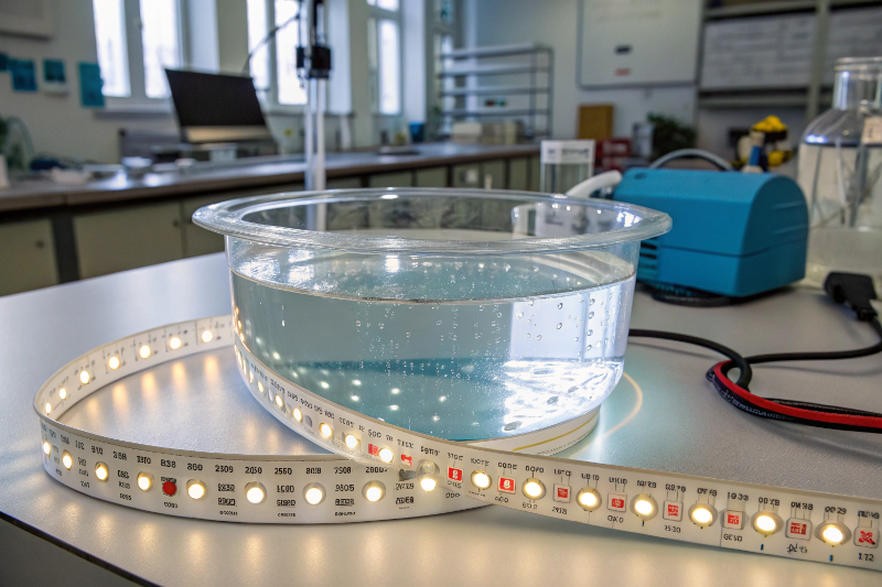 LED Strip Light Undergoing Waterproof Testing in Lab