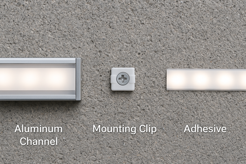 Comparison of LED Strip Mounting Methods: Aluminum Channel, Mounting Clip, and Adhesive on Concrete