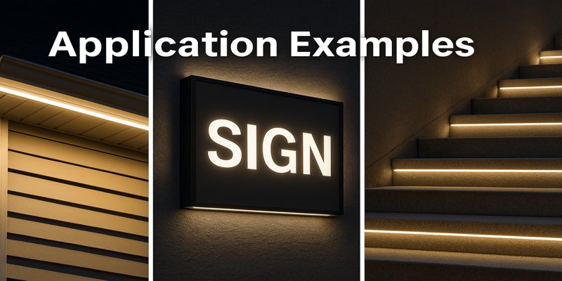LED strip installations: under eaves, signage, stairways