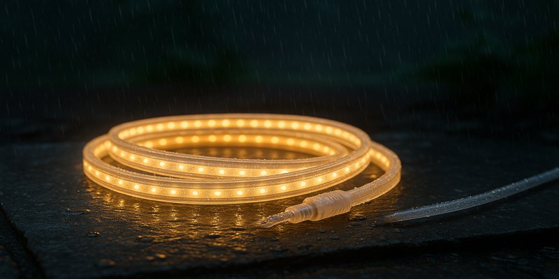 Cross-section of LED strip with PU coating and silicone end cap