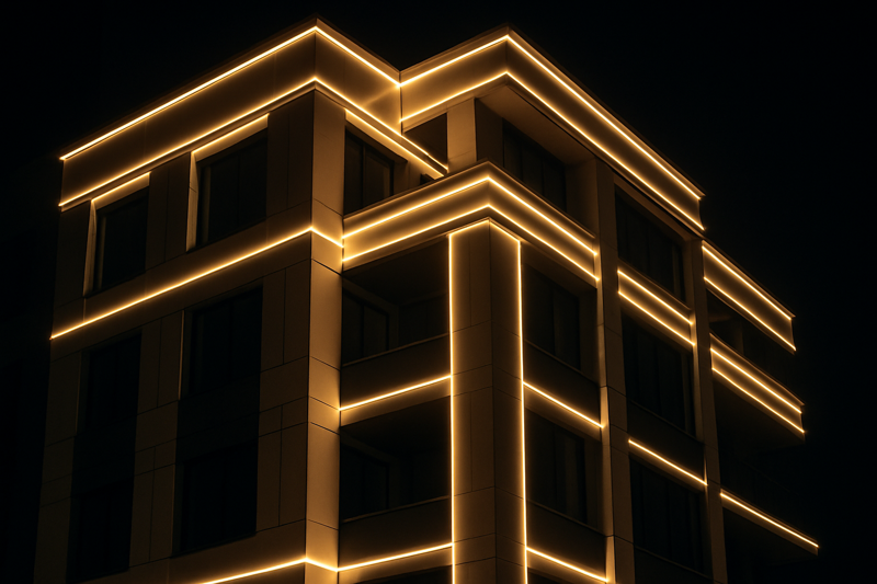Modern Building Facade Illuminated with Outdoor LED Strip Lights